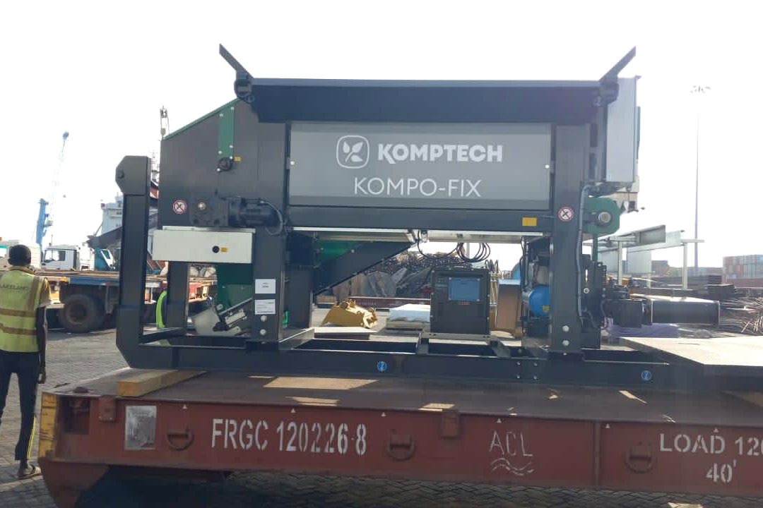 Komptech Kompo-Fix industrial machinery on flatbed for import clearance in Ghana